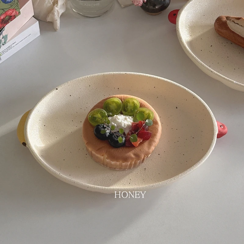 Cute Double Ear Dinner Plates 10 Inches Coarse Pottery Underglaze Color Elliptical Tablewares Household Contrasting Dessert Plat