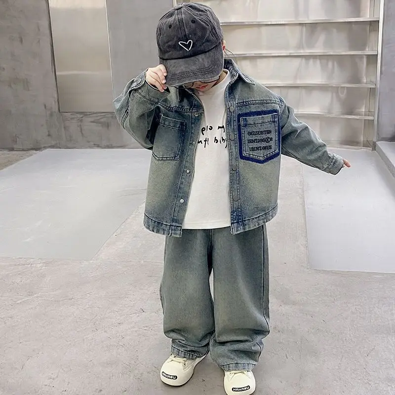 

Boys' Sets Autumn Clothing 2024 New Denim Jacket Jeans Stripe Letter Fashion Children's Handsome Sportswear Two-piece Suits