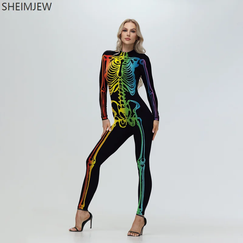 Halloween Kleurrijke Schedelprint Cosplay Jumpsuit Dag Van De Dode Vakantie Feest Zentai Pak Unisex Fancy Bodysuit Rave Outfits Nieuw