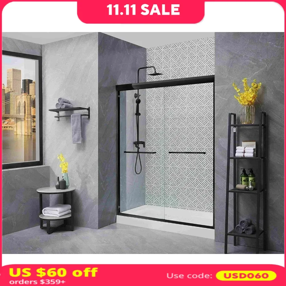 Shower Door, 56-60“ X 72”, Adjustable Semi-frameless, Clear Tempered Glass, 304 Stainless Steel Hardware, Sliding Shower Door