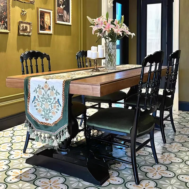 

Country all solid wood dining table Rectangle restaurant dining table French retro black medieval dining table