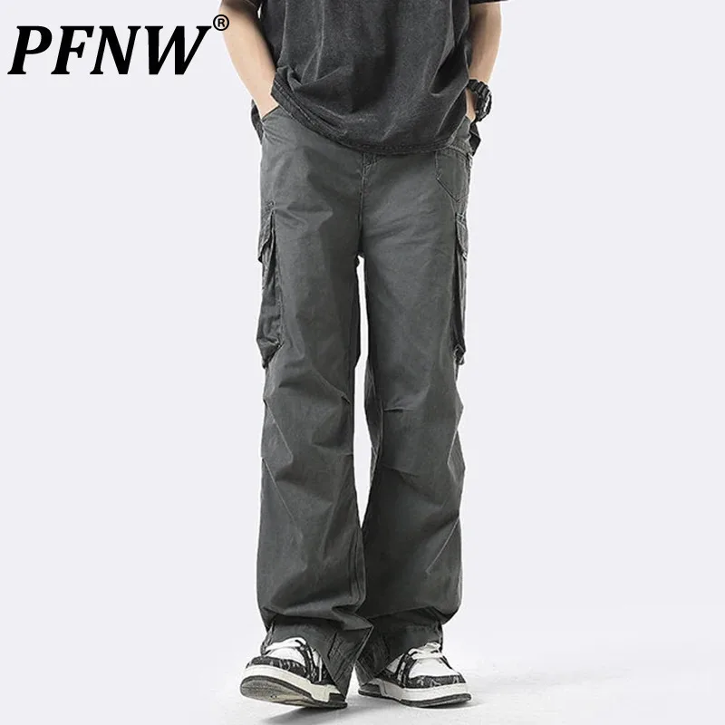 

PFNW New Autumn Men's Casual Pants Big Pockets Folded Overall Straight Wide Leg Male Loose Trousers Solid Color 2024 12C451