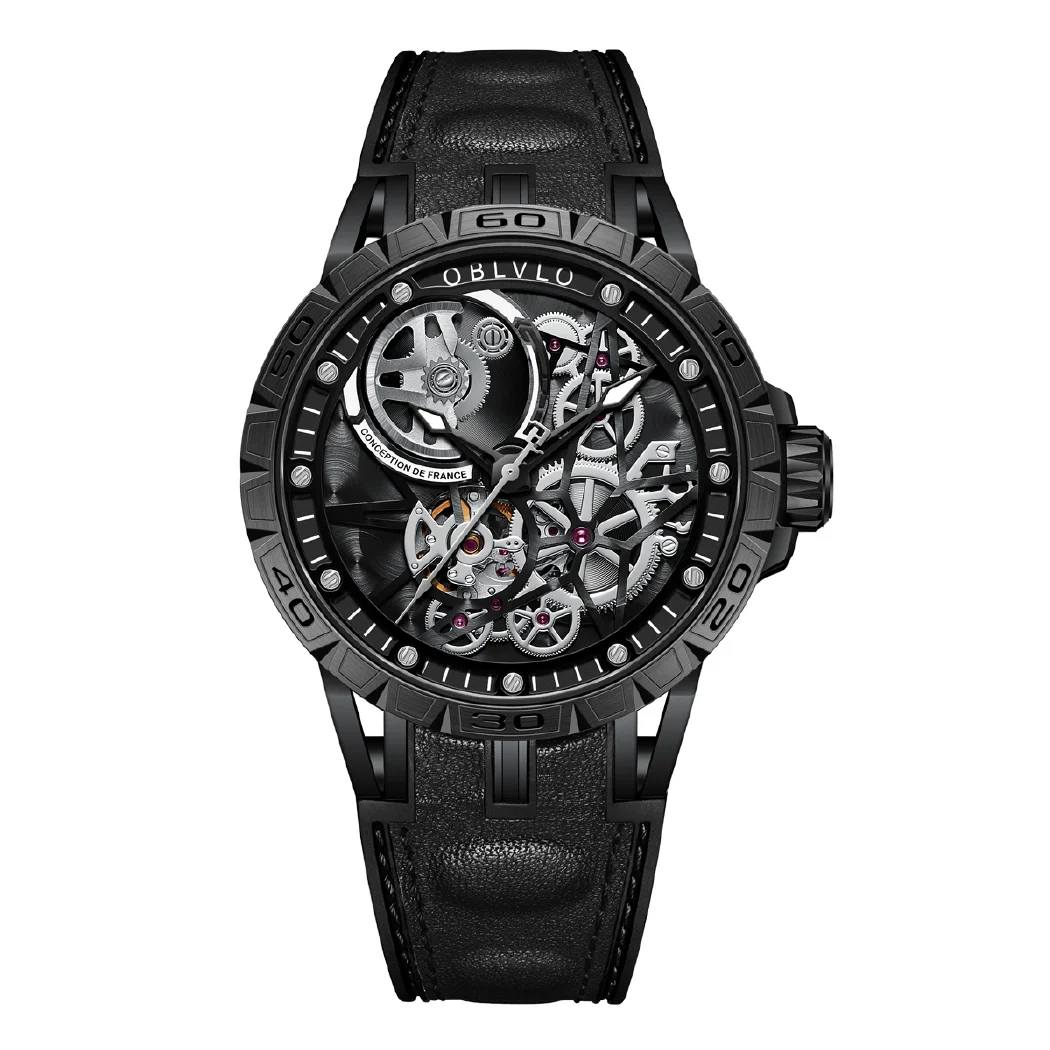 OBLVLO Brand All Black Sport Skeleton Automatic Mechanical Watch for Men Self-Wind Rubber Strap Sapphire Waterproof LM