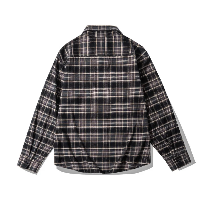 OKONKWO-Heavy Fabric Plaid Shirt for Couple American Coat Retro Long Sleeve Lapel Shirts Outdoor Hiking Trekking Jackets 300g TR