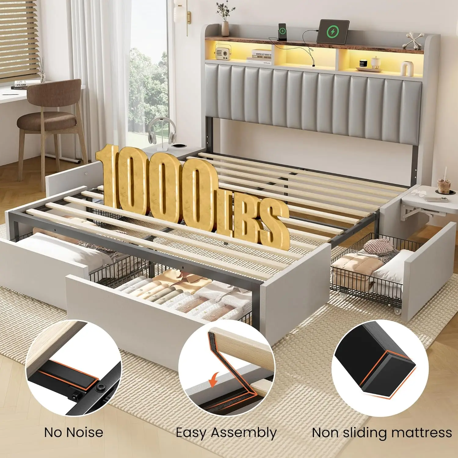 King Bed Frame with Headboard 4 Drawers Adjustable Desk Charging Station Easy Assembly No Box Spring, Customized view 5
