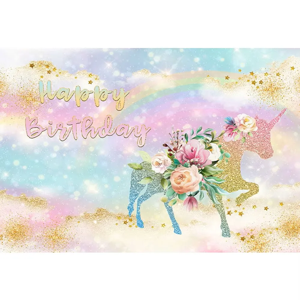 Cymbozin Unicorn Birthday Party Backdrop Fabric Pastel Green Pink Rainbow Gold Stars Flowers Baby Girl Photography Background