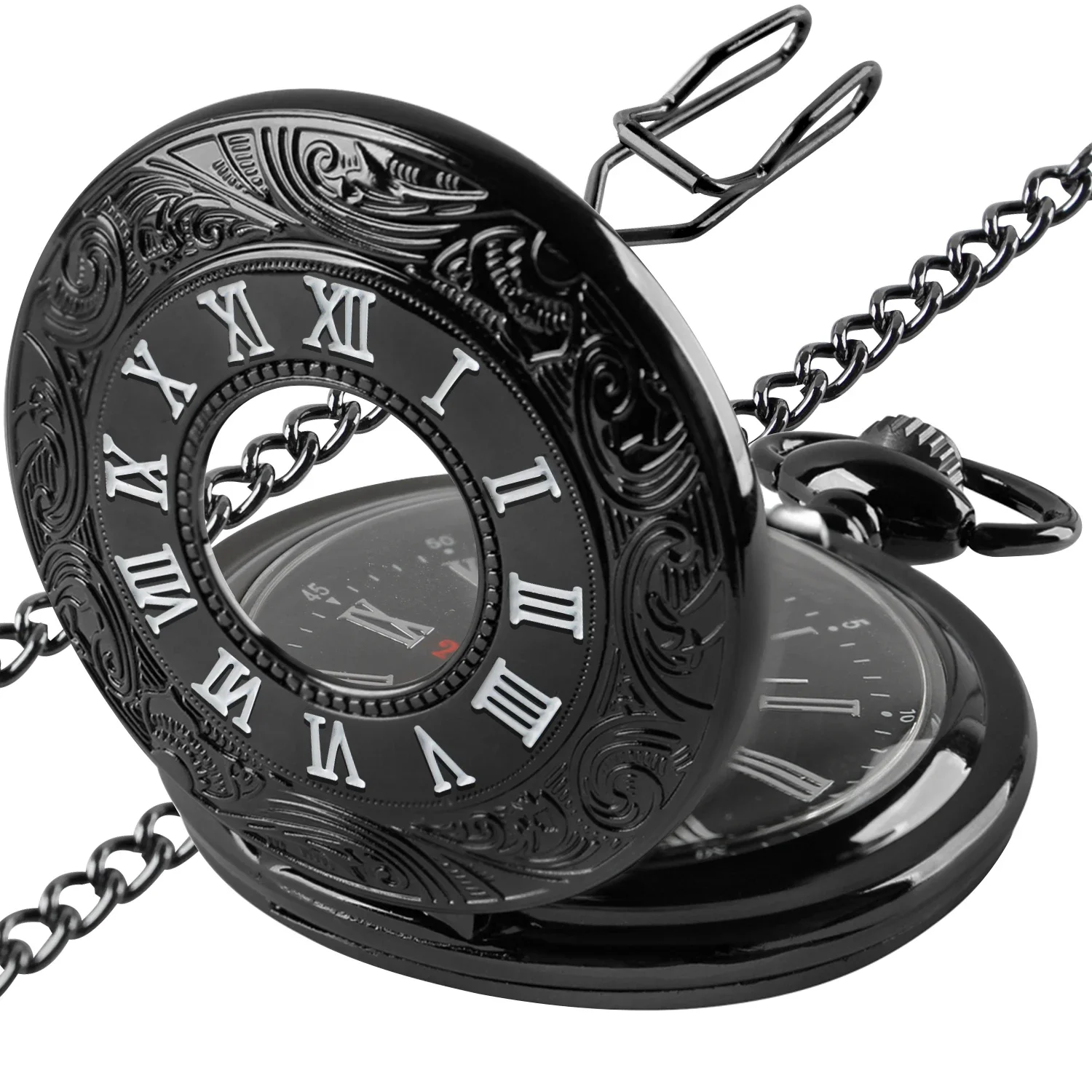 All Hunter Vintage Black Quartz Pocket Watch numeri romani Display Scale Chain Watches collana Dropshipping