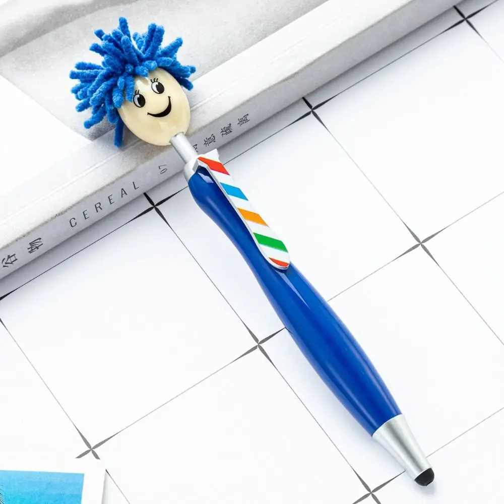 Plush Hair Mop Head Painting Ballpoint Pens Smiling Face Facial Expression Doll Shaped Ballpoint Pens Colorful Cartoon