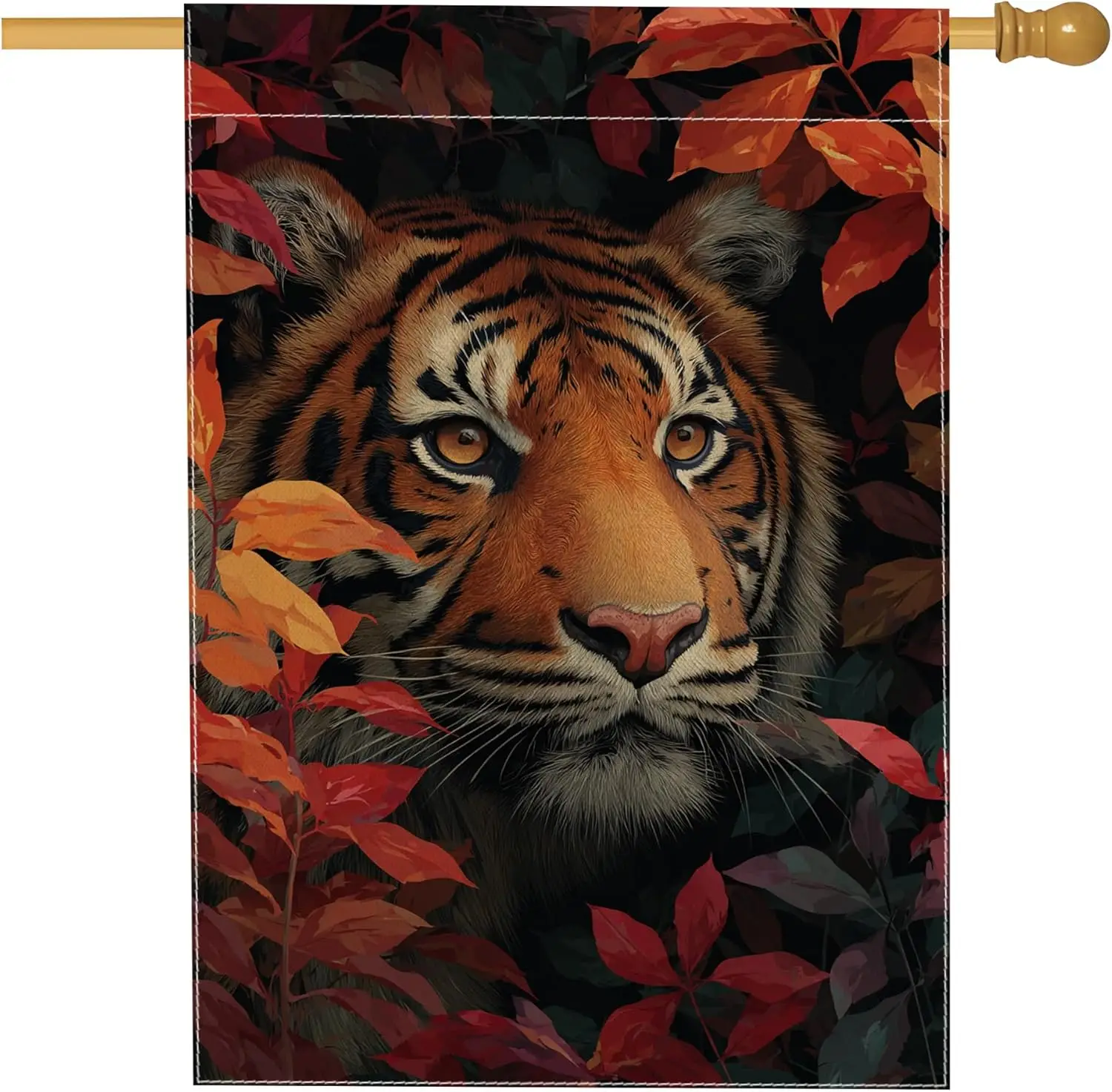 Autumn Tiger Garden Flag, Orange and Red Leaves Decorative Outdoor Banner, Double-Sided Seasonal Home Decor, Lawn and Garden UUX
