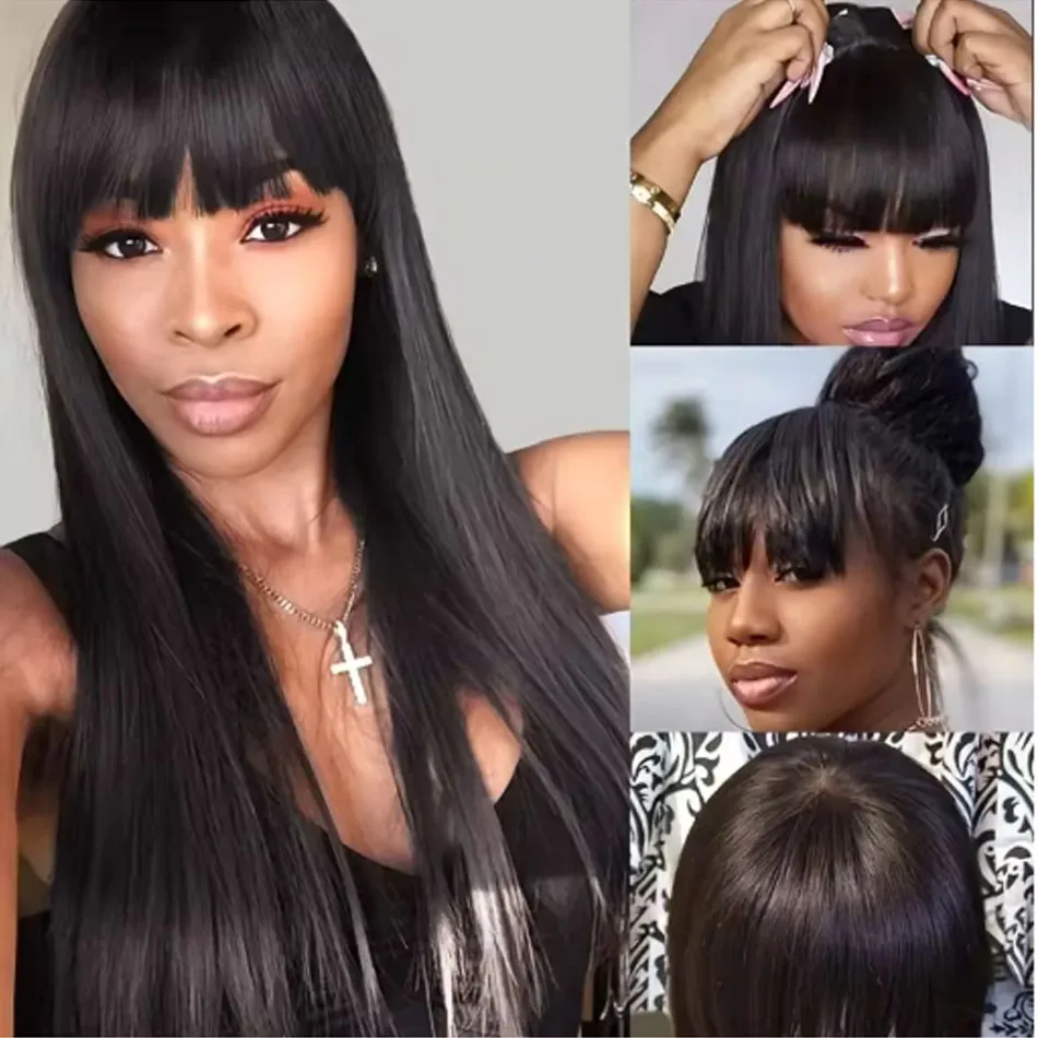 Natural Black Bone Straight Human Hair Wig With Bangs 30Inch Glueless Brazilian 3x1 Lace Wigs Full Machine Made Wig