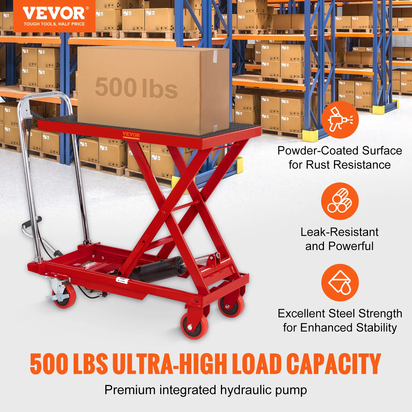 VEVOR 330/500lbs Hydraulic Lift Table Cart Manual Single Scissor Platform with 4 Wheels and Non-slip Pad for Material Handling