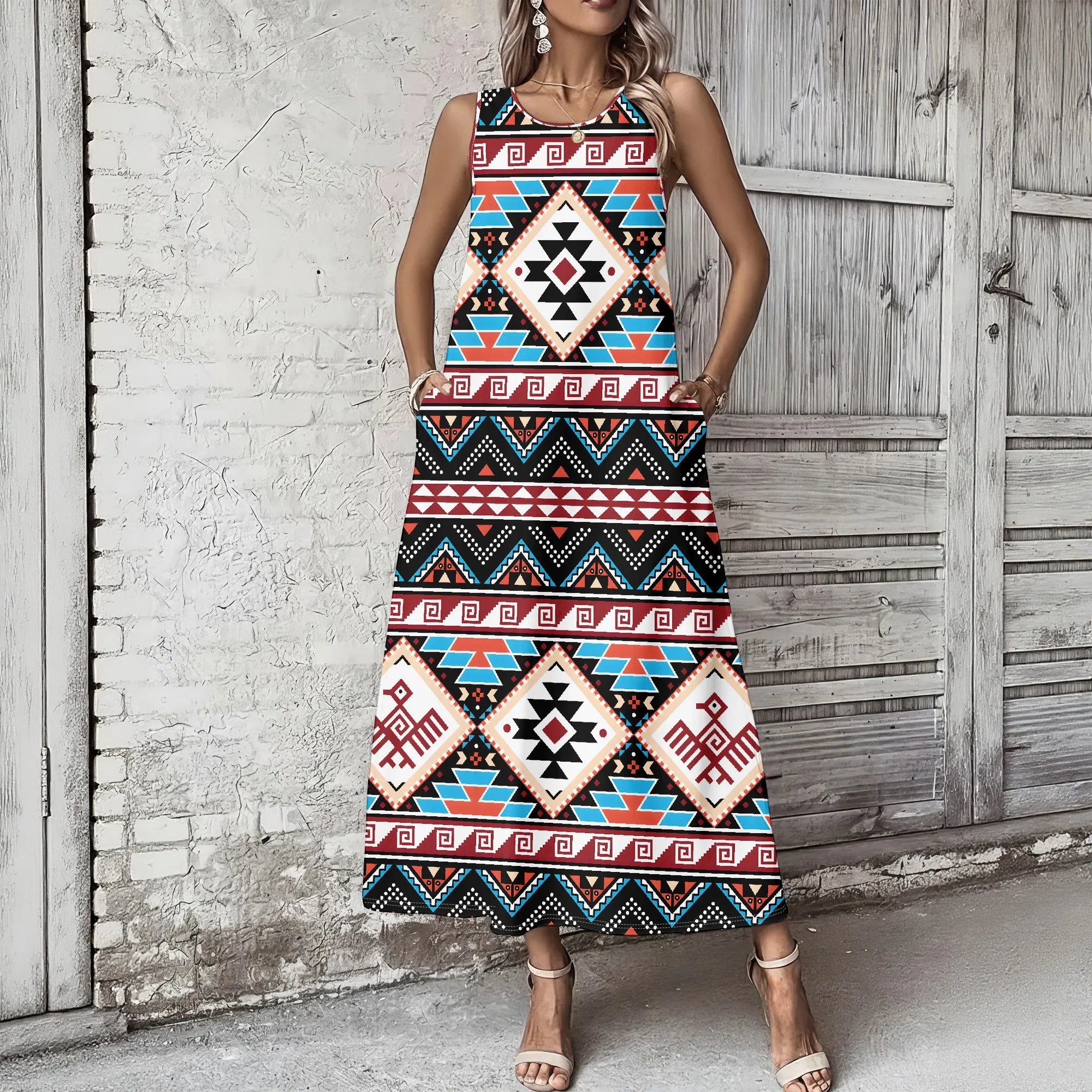 

Women's Summer Sleeveless Round Neck Long Dress, 3D Fashionable Printed Large Swing Dress.