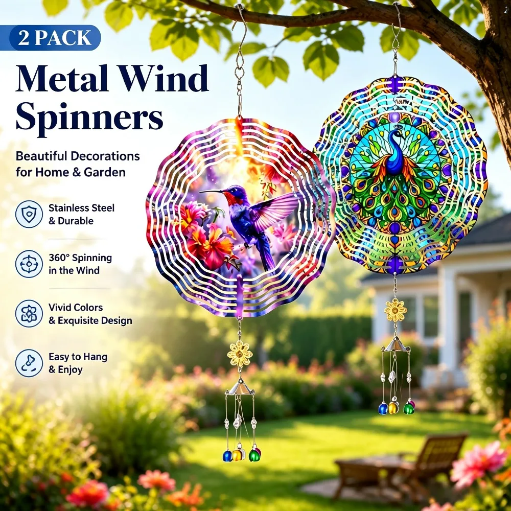 Rustproof Waterproof Stainless Steel Wind Spinner 2 Pack Hummingbird Peacock Rotating Ornament Long Lasting Garden Decor