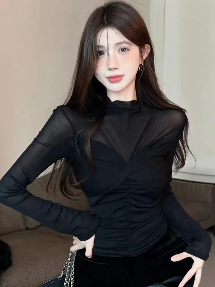 

Black Base Layer Shirt T-Shirt Inner Wear Mesh Design Long Sleeve Half High Collar Women's Autumn Winter Fashion Top Lady Sty...