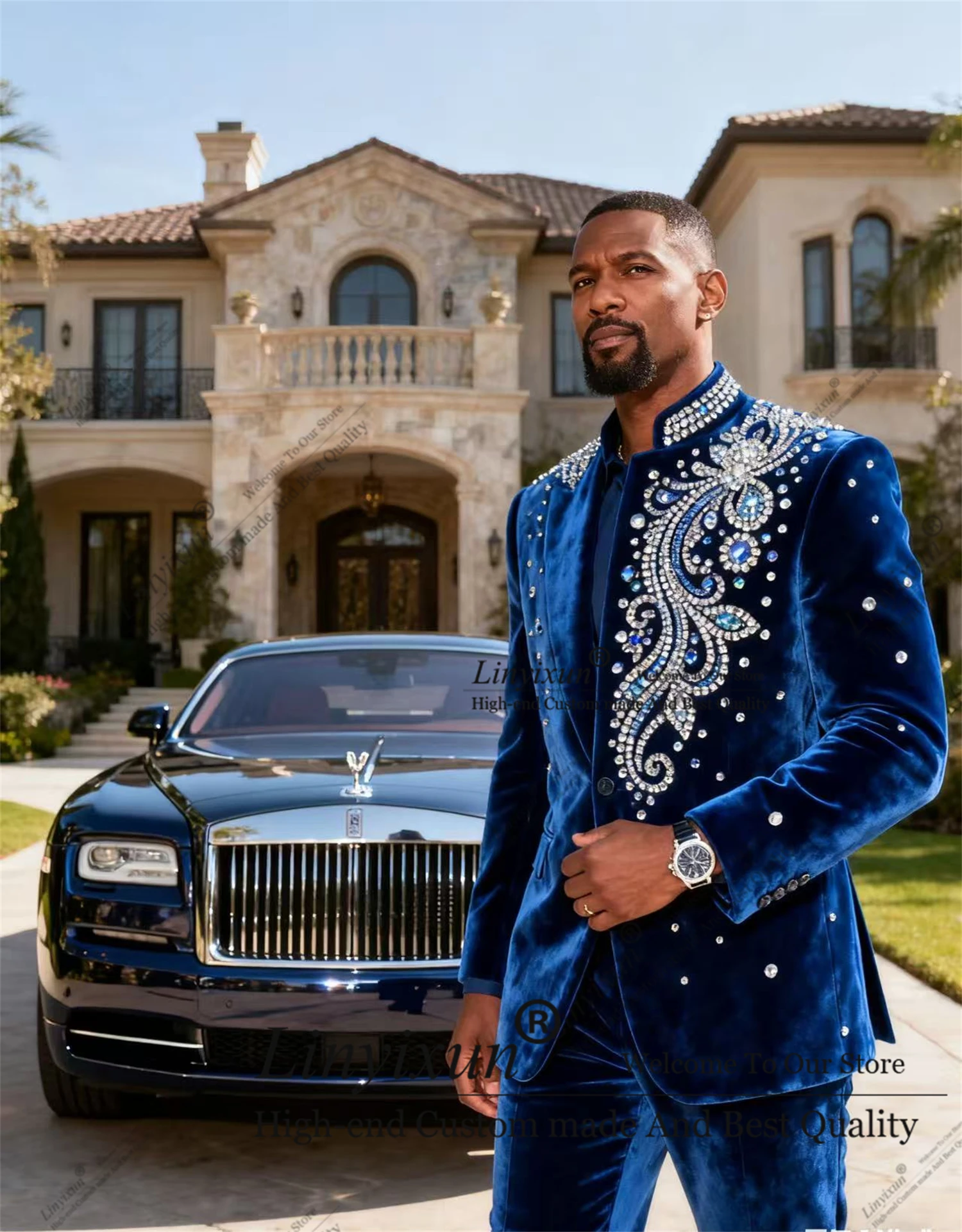 

Высококачественный мужской костюм с воротником-стойкой, комплект из 2 предметов, мужские пиджаки для жениха, свадебные смокинги по индивидуальному заказу, роскошный ромбовидный орнамент, Ropa hombre