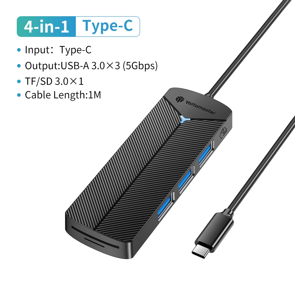 Yottamaster 5 Gbit/s 4-in-1 USB3.0-Hub, USB-HUB-Adapter, Erweiterungsdock, ultraflacher OTG-Adapter Typ C für PC, iOS, Computerzubehör