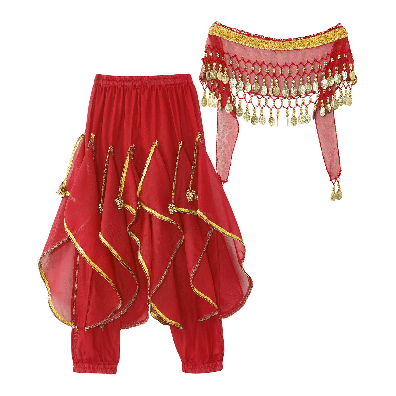 Kids Girls Ruffle Belly Dance Harem Pants Tribal Arabic Dancing Performance Trousers Carnival Party Bloomers with Hip Scarf Set