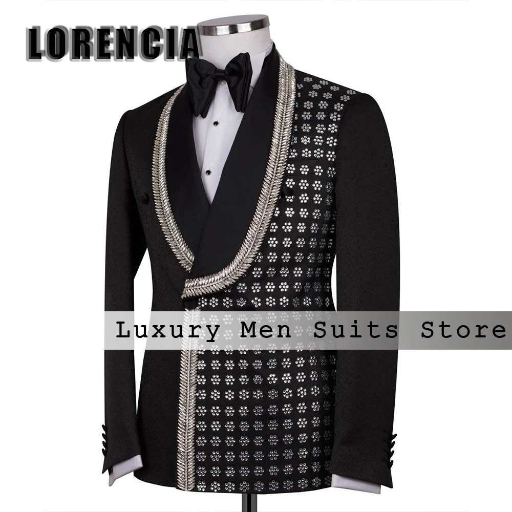 

Sparkly Crystal Men Suits 2 Pieces Single Breasted Shawl Collar Groom Tuxedos Wedding Customized Blazer Pants costumes homme