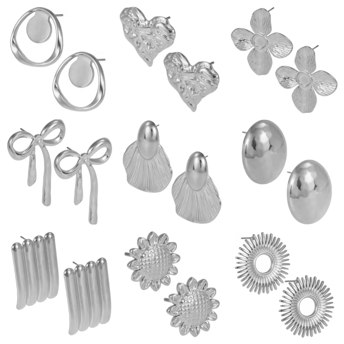 

4pcs Autumn New Concave-Convex Hammer Mark Peach Heart Bowknot Sunflower Geometric Hollowing Out Stainless Steel Earrings