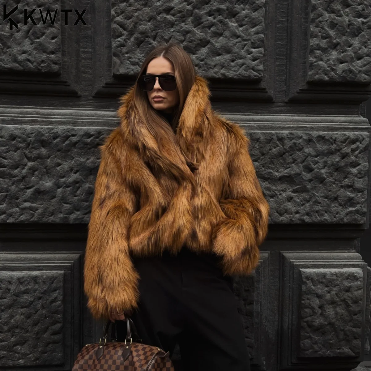 

KWTX Women’s Eco Faux Fur Jacket Short Stand Collar Tie Dye Winter Coat Designer Minimalist Elegant Premium Street Office Wear