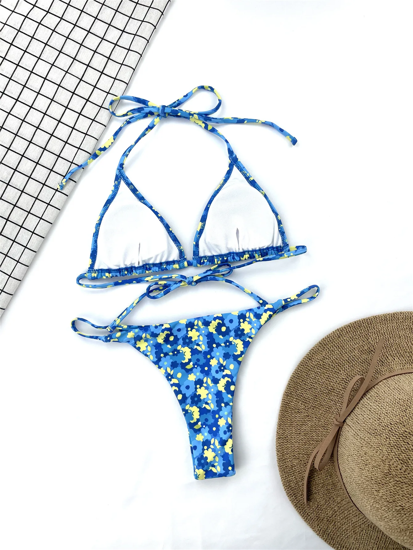 Blue Floral Lace-up Bikini Vintage Print Sexy Bikini Fashion Bikini Girl Summer Clothes Ladies Split Swimsuit 2022 Sexy Bikini