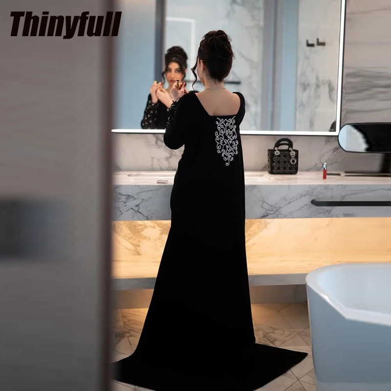 

Thinyfull Mermaid Arab Velvet Prom Dresses Scoop Neck Full Sleeves Evening Gown Crystals Formal Dress robes de soirée Customized