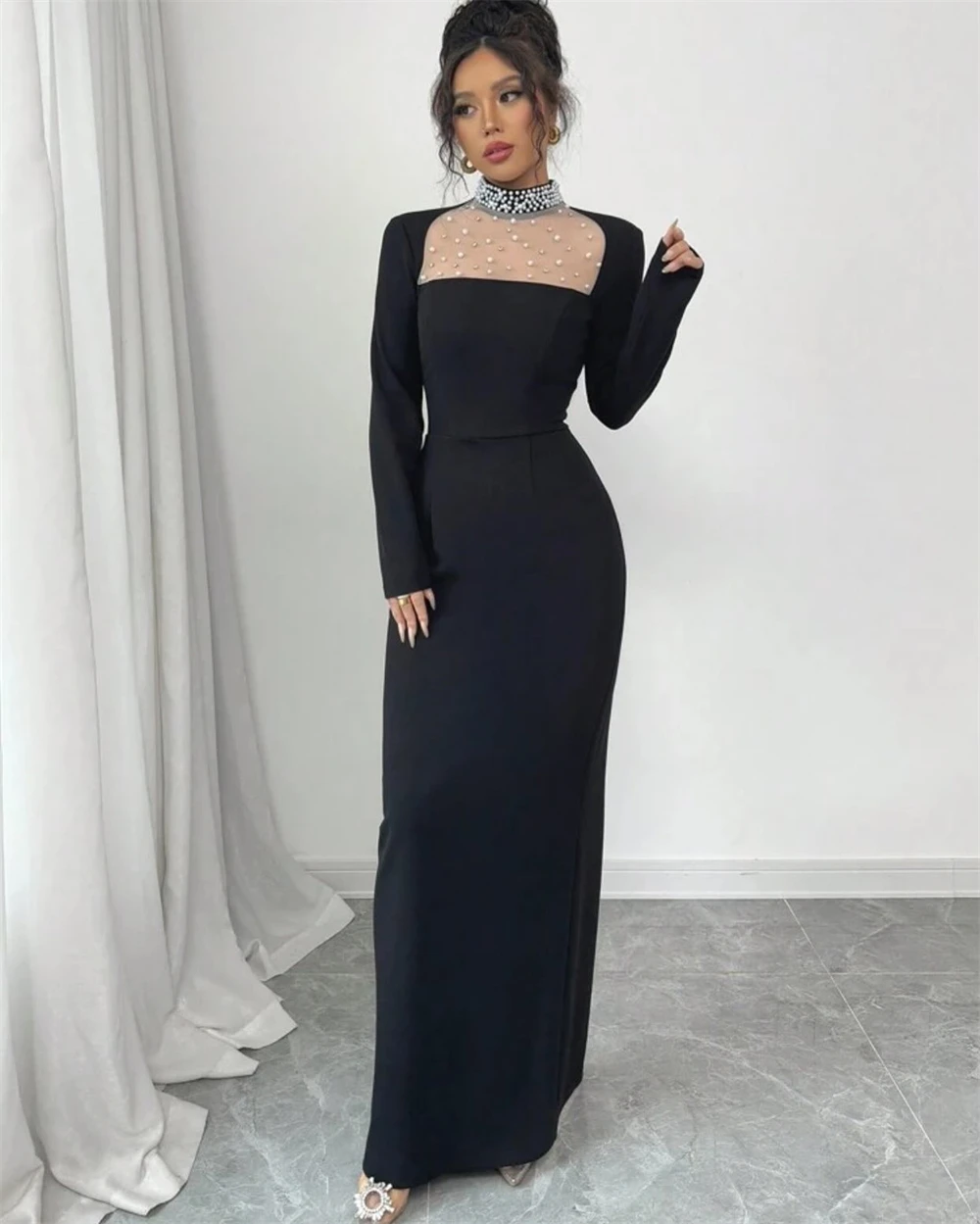 

Customized Simple Black Jersey Evening Dress Elegant High Collar Long Sleeves Homecoming Dresses Fashion Vestido De Fe