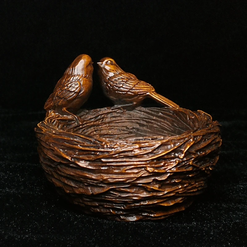 YIZHU CULTUER ART Size 3.2 Inch Chinese Boxwood Hand Carved Bird bird's nest Old Decoration Collection