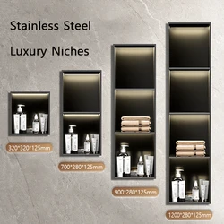 Black Niche Bathroom Organizer Storage Cabinet Stainless Steel Grey Embedded Hidden Shelf Niche for Kitchen Living Room Bedroom