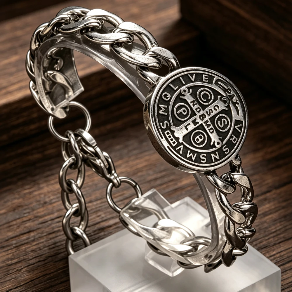 Stainless Steel St. Benedict Bracelet Men Women Vintage Spiritual Protection Guardian Amulet Jewelry Gift Dropshipping