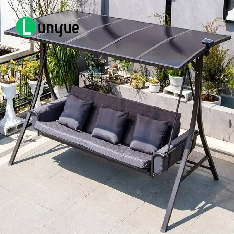 3 Seat Garden Swing Chair with Sun Panel Hammock for Patio Outdoor Ceiling Hanging Furniture Comfortable Relaxing Seating