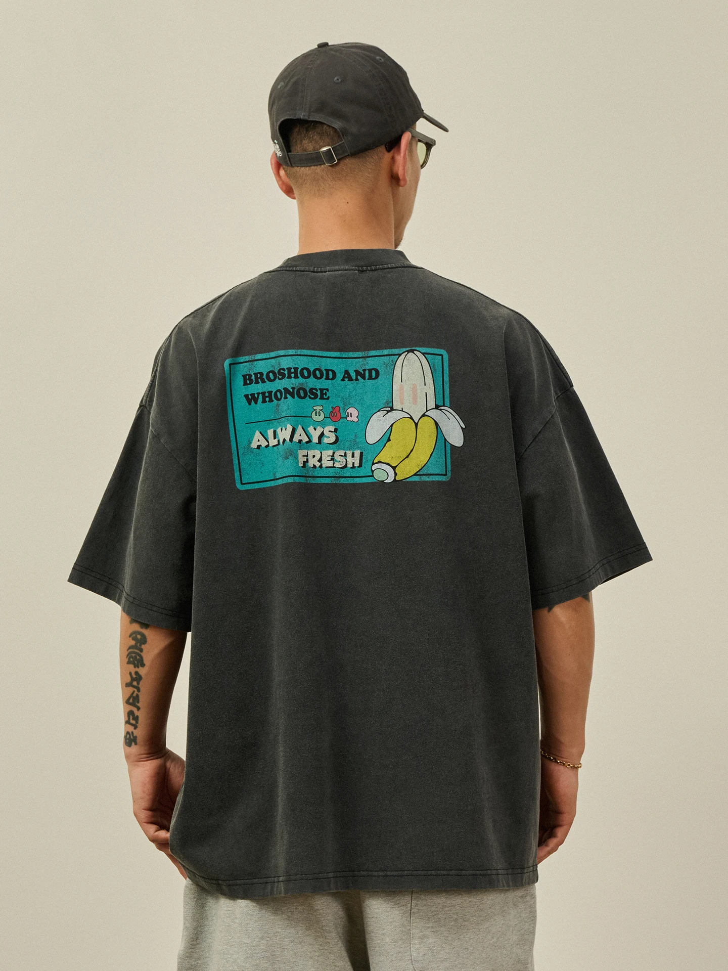 Broshood X JoeNg Collaborative Worn-In Short Sleeve T-Shirt Sand Washed Fruit Emblem Print Casual Loose Fit Summer Tee