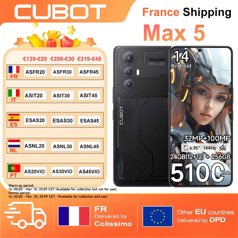 Cubot Max 5 Smartphone 5G 24 Go(12 +12) + 256 Go Android 14 6,95" 144 Hz MTK8200 4 nm GHz 100 MP caméra 5100 mAh 33 W Double Sim GPS