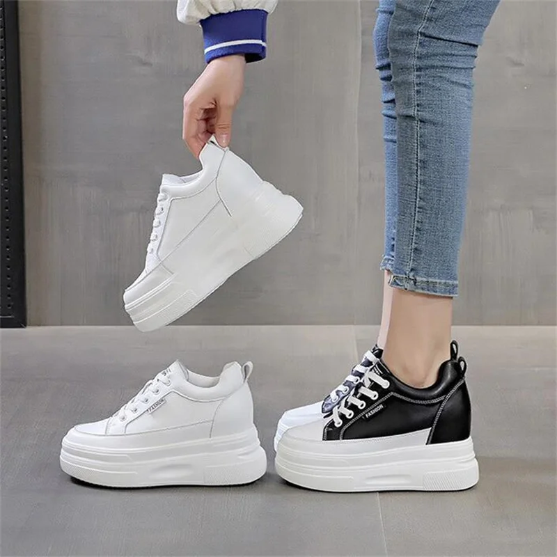 Spring Genuine Leather Platform Wedge Hidden Heel Luxury Comfortable Sneakers New Chunky Casual Women Fashion Lady White Shoes