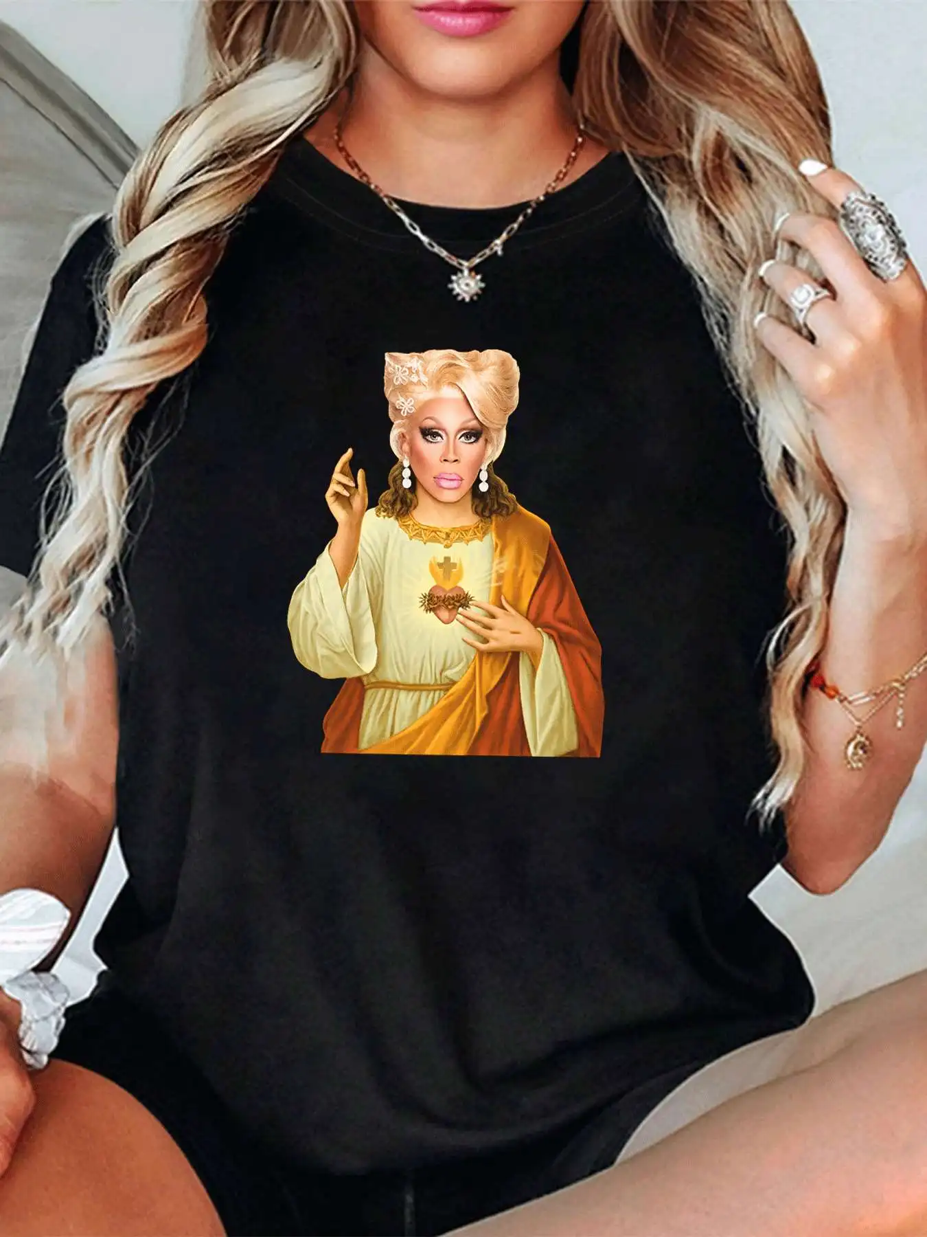 

【1146760】Plus size women's round neck short sleeve T-shirt with elastic half sleeves and trendy prints