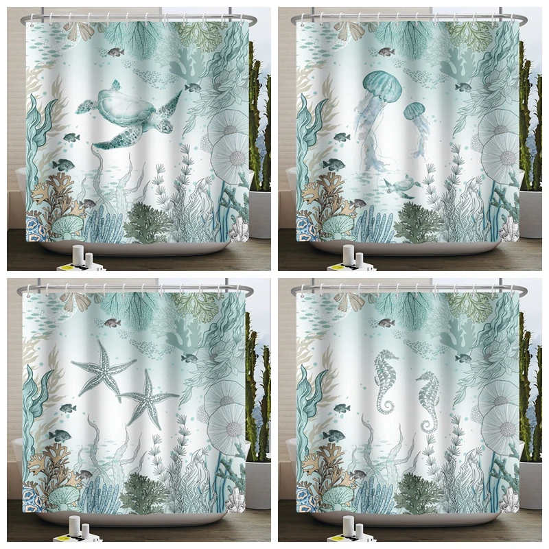 

Sea Turtle Shower Curtain Ocean Animals Jellyfish Seahorse Starfish Nautical Underwater Marine Life Waterproof Bathroom Curtain