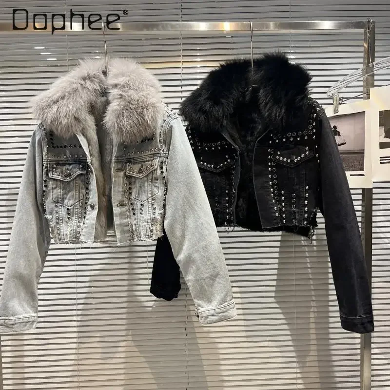 

Fox Fur Collar Denim Short Jacket Women Rivet Rabbit Fur Liner Ripped Short Coats Street Fashion Female Trend Casual Outwear