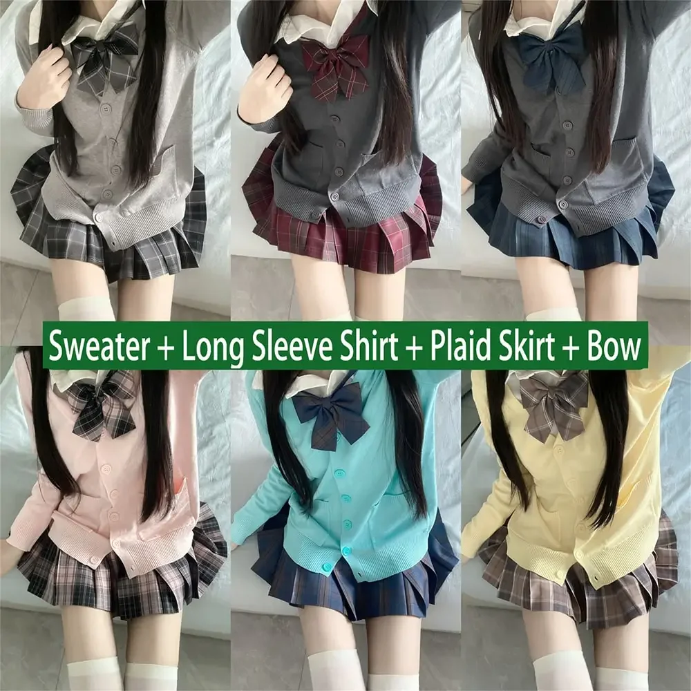 Uniforme da scolaretta coreana Set da 4 pezzi Maglione multicolore, camicia e gonna a pieghe scozzese con fiocco Abito uniforme Jk Costumi di laurea Donna