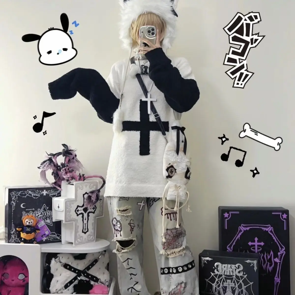 原宿パンクプルオーバー Y2k トップス女性服コントラストカラーカジュアルファッションジャンパーストリートカジュアルファッションニットセーター