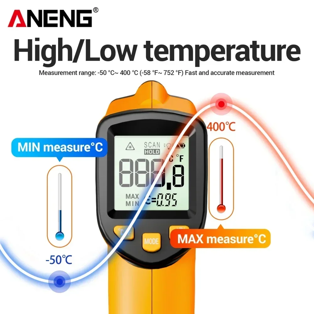 Termômetro infravermelho digital inteligente ANENG TH109 -50 ~ 400 ℃   Medidor de temperatura sem contato com display LCD Testadores de pirômetro e higrômetro