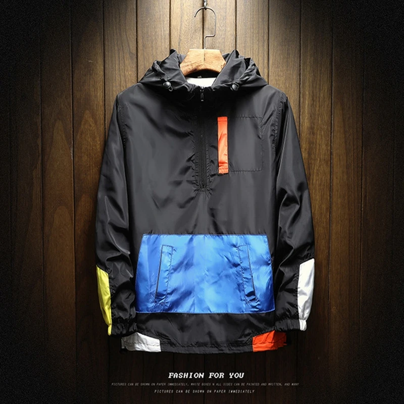 Spring and Autumn Thin Jacket Hoodie with Half Zipper, Men's Color Blocking Trend Casual Pullover Baseball Jacket