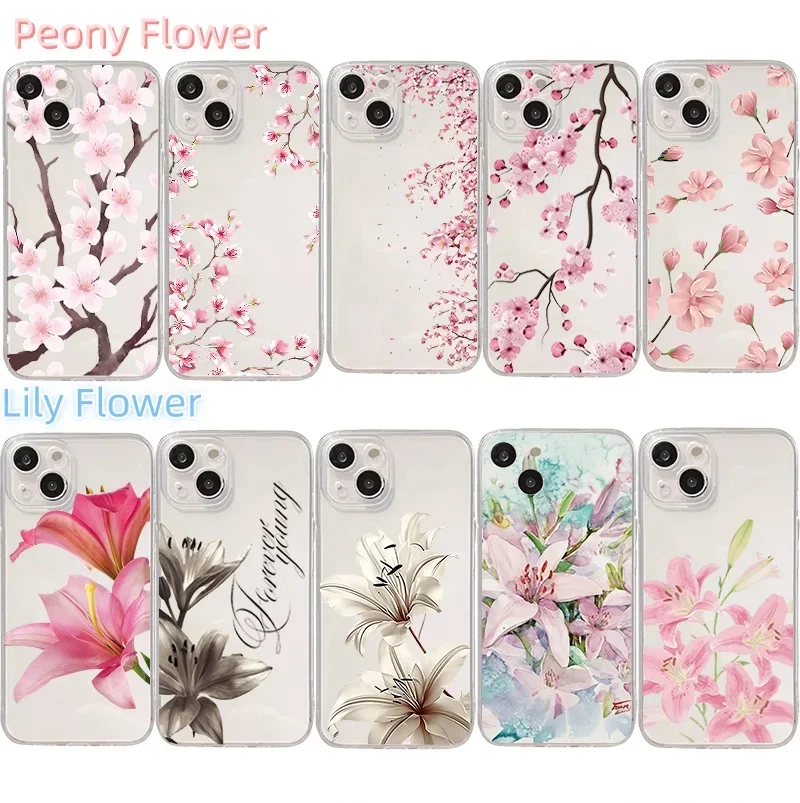 Peony Flower Lily Pattern Phone Case For Samsung Galalxy S26 S25 Ultra S24 S23 S22 Ultra Plus FE A57 A56 A54 A17 5G Clear Casing