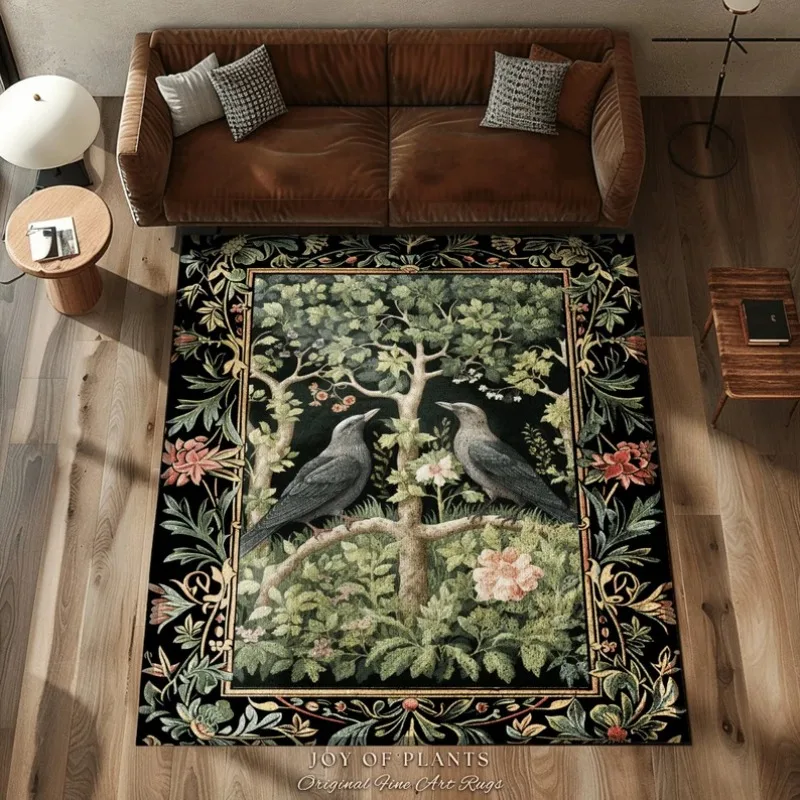 Woodland Forest Crow Rug Eclectic Bedroom Decor William Morris Inspired Cottagecore Room Dark Academia Style Rug Mystical Art