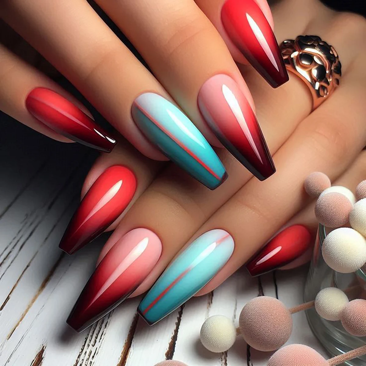 4 مجموعات/96/24 قطعة من ملصقات الأظافر على شكل نعش الباليه: قلب/ريشة/فراشة/زهور. أسلوب لامع طويل، يأتي مع مبرد أظافر و ن