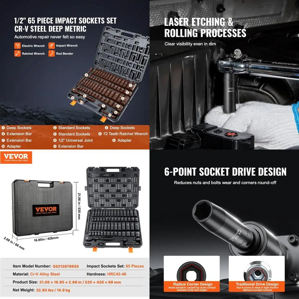 

Набор ударных головок привода 1/2 дюйма, 65 предметов SAE от 3/8 до 1-1/4 дюйма и метрической стали 10–24 мм, 6-точечная легированная сталь Cr-V для ремонта автомобилей, простота в использовании