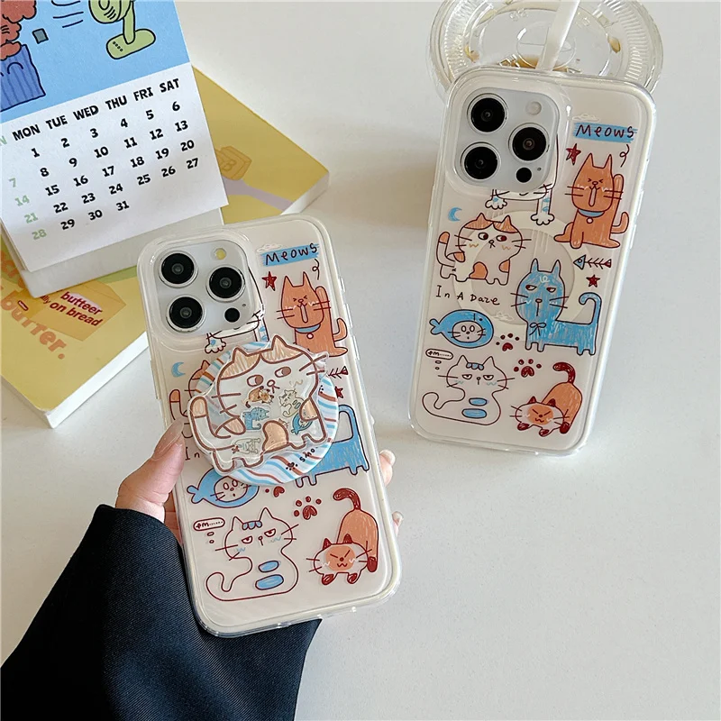 

Fashion Cute Cartoon Graffiti Cat Magnetic Phone Case For iPhone 16 Pro 13 14 15 Pro Max Cover with Stand Cases Capa