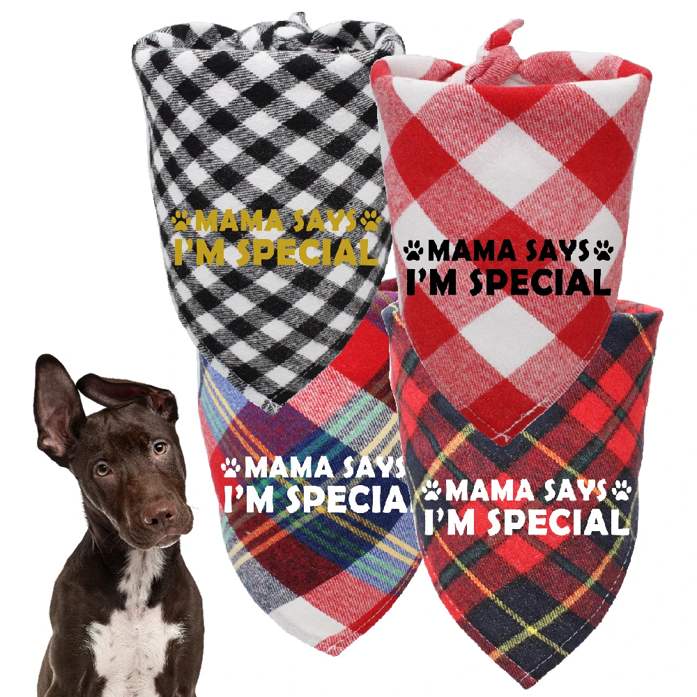 Mama Says I'M Specical Dog Bandana Pet Scarf Soft Plaid Cotton Triangular Bib Adjustable Scarf Pet Gift Puppy Accessories