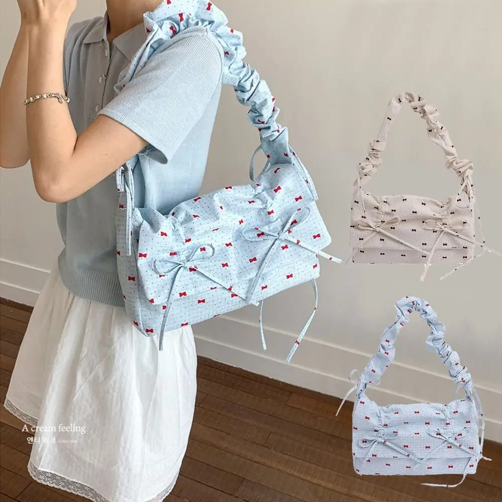 

Casual Korean Bow Ribbons Bag Leisure Y2k Pleated Shoulder Bag Sweet Versatile Women's Underarm Bag Daily