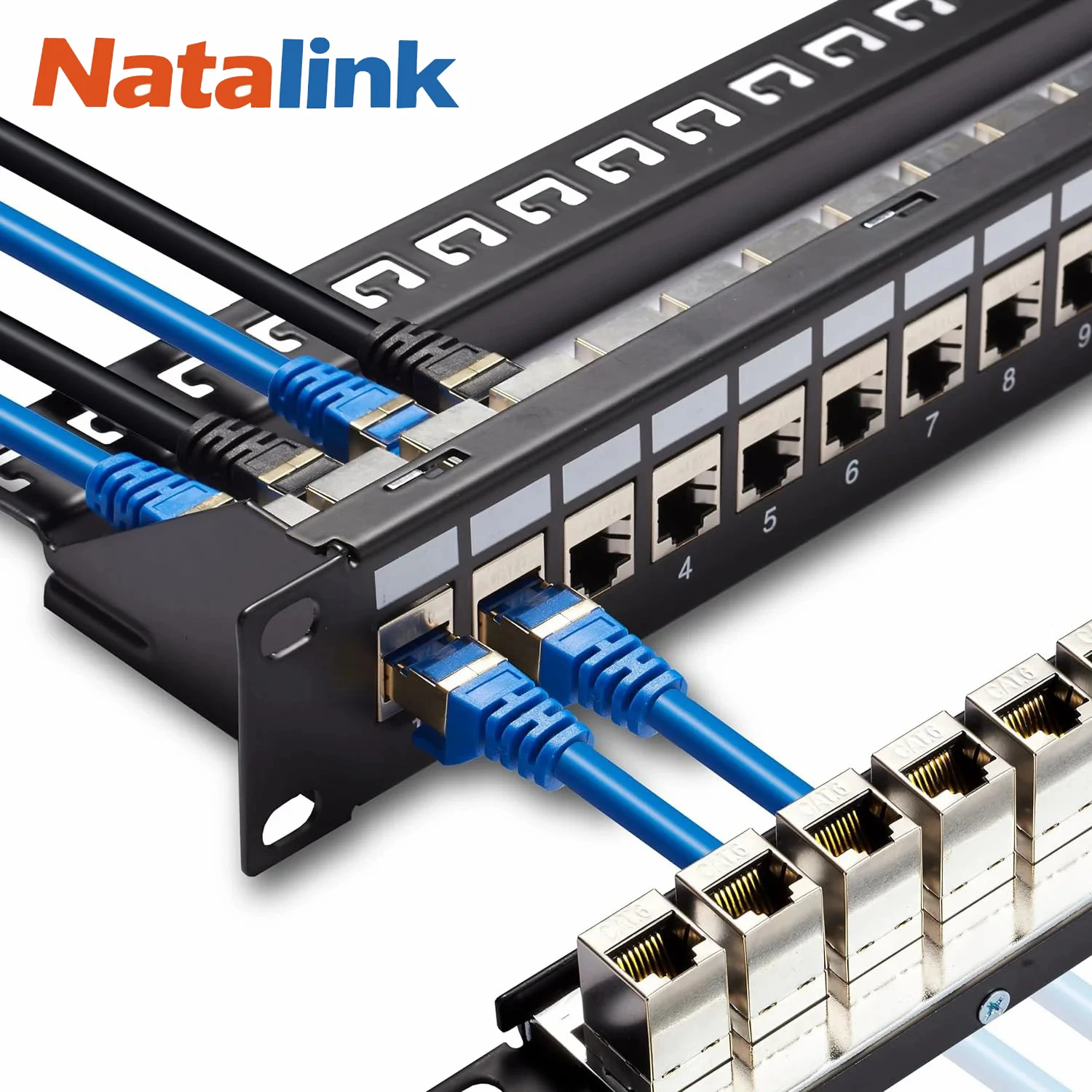 Natalink 24 Port RJ45 Patch Panel Cat6 Feed Through, Coupler Network Patch Panel 19 Inch, Inline Keystone Ethernet Patch Panel