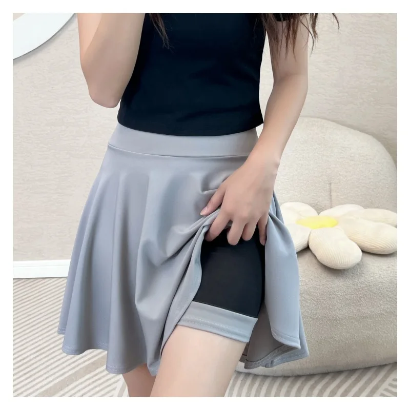 Women Flared Skirts Summer Basic Skirt Fashion Dancer Uniform Versatile Black Safety Pants Skirt Elastic Pleated Skirt Long 45CM